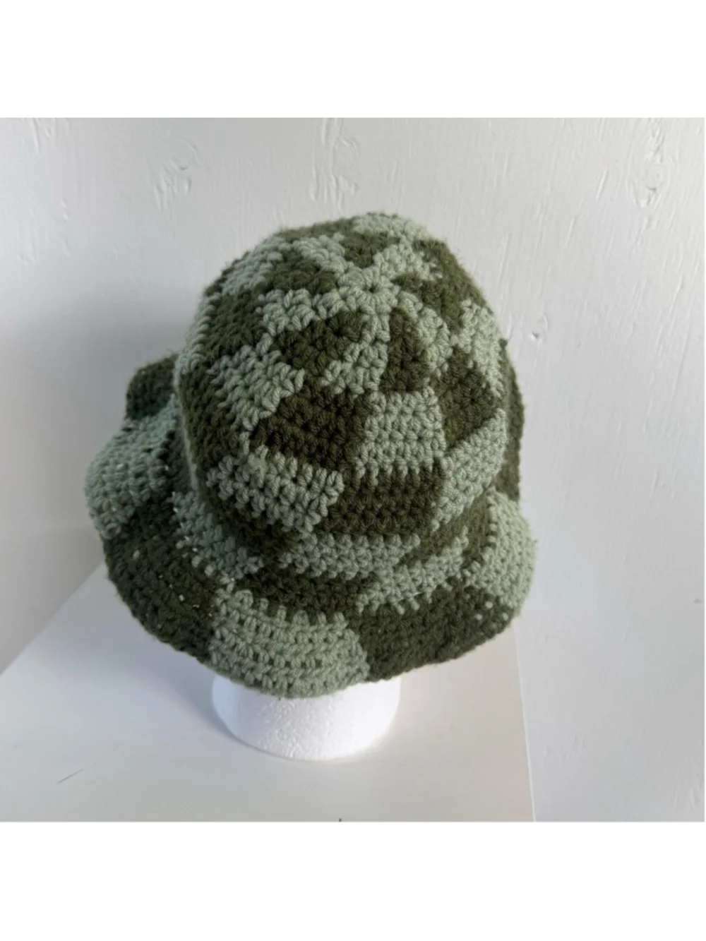 Handmade Crochet Checkerboard Bucket Hat - Sage & Olive Green